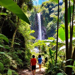 Caribbean Holidays, Dominica January Holidays, Scenic Dominica rainforest trail leading towards a waterfall, with visitors exploring in warm January sunshine