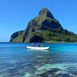 Caribbean Holidays, Dominica January Holidays, Snorkellers and a small boat exploring clear blue water off Dominica, with colourful fish, reef and a dramatic green coastline