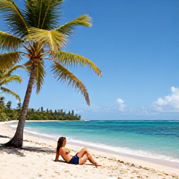 Caribbean Holidays, Dominica January Holidays, Traveller relaxing on a quiet Dominica beach with volcanic sand, palm trees and clear blue Caribbean water during January
