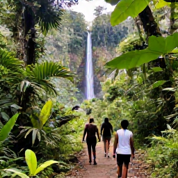 Caribbean Holidays, Dominica January Holidays, Visitors walking through lush Dominica rainforest in January, with a waterfall, tropical plants and a clear forest trail