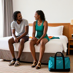 Caribbean Holidays, Dominica January Tours, A happy couple preparing for a guided Dominica tour with walking shoes, swimwear and a small day bag beside their hotel