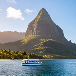 Caribbean Holidays, Dominica January Tours, A warm January morning on Dominica's lush Caribbean coastline, with volcanic mountains, clear blue water and a small tour boat near shore