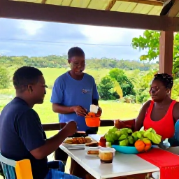 Caribbean Holidays, Dominica January Tours, Friendly local guide serving Creole-inspired Dominican food at an open-air village table, with colourful produce and Caribbean scenery
