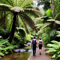 Caribbean Holidays, Dominica January Tours, Guided hikers walking through Dominica's tropical rainforest on a January tour, beside ferns, tall trees and a clear mountain stream