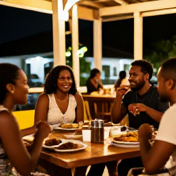 Caribbean Holidays, Dominica January Trip, Friendly travellers enjoying Creole food and live music in Roseau, Dominica, during a warm January evening