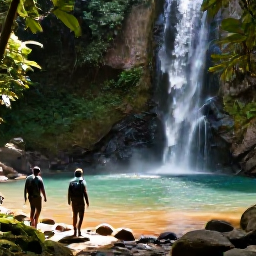 Caribbean Holidays, Dominica January Trip, Hikers walking through Dominica rainforest towards a waterfall and warm natural pool in January sunlight