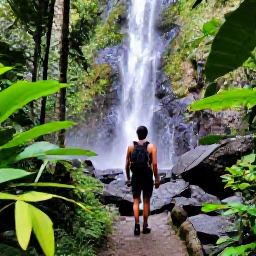 Caribbean Holidays, Dominica July Holidays, Backpacker exploring a rainforest path towards Trafalgar Falls in Dominica, with tropical plants, volcanic rocks and a cool waterfall