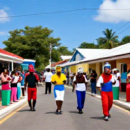 Caribbean Holidays, Dominica July Holidays, Colourful Dominica street festival with masqueraders, local musicians and welcoming crowds in a tropical Caribbean town