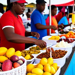 Caribbean Holidays, Dominica July Holidays, Dominican street food stall serving fresh local dishes, tropical fruit and traditional Caribbean snacks during a festival