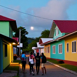 Caribbean Holidays, Dominica July Holidays, Friendly Dominica village street in July with backpackers meeting local residents, colourful houses and Caribbean evening light