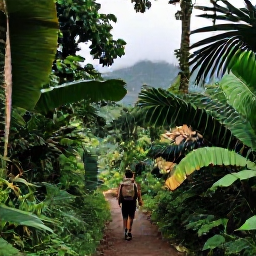 Caribbean Holidays, Dominica July Holidays, Lush Dominica rainforest trail in July with a backpacker walking beneath broad green leaves, misty mountains and soft tropical light