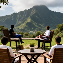 Caribbean Holidays, Dominica July Holidays, Relaxed travellers enjoying a quiet eco lodge terrace overlooking Dominica&rsquo;s green mountains