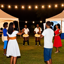 Caribbean Holidays, Dominica July Holidays, Traditional Dominican music and dancing at an outdoor cultural celebration, with drums, dancers and evening lights