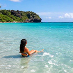 Caribbean Holidays, Dominica July Holidays, Traveller relaxing in the warm Champagne Reef waters near Dominica, with clear sea, volcanic bubbles and a rugged tropical coastline