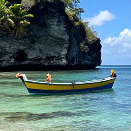 Caribbean Holidays, Dominica June Holidays, A colourful boat travelling along Dominica's calm Caribbean coastline, with snorkellers exploring clear water near coral and volcanic cliffs