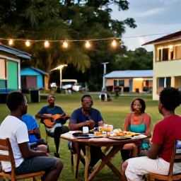 Caribbean Holidays, Dominica June Holidays, A friendly Caribbean village evening in Dominica, with local food, music and travellers enjoying an informal outdoor gathering