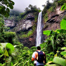 Caribbean Holidays, Dominica June Holidays, Travellers hiking through Dominica's rainforest towards a waterfall, with vibrant green vegetation and misty mountains