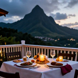 Caribbean Holidays, Dominica Luxury Holidays, A beautifully prepared Caribbean dinner on a candlelit terrace in Dominica, with mountains in the background
