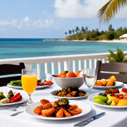 Caribbean Holidays, Dominica Luxury Holidays, A beautifully presented Caribbean dinner featuring fresh local seafood and tropical produce on a terrace overlooking the sea in Dominica