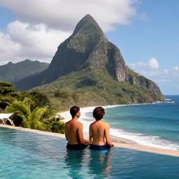 Caribbean Holidays, Dominica Luxury Holidays, A couple enjoying a private infinity pool overlooking Dominica's green mountains and Caribbean coastline
