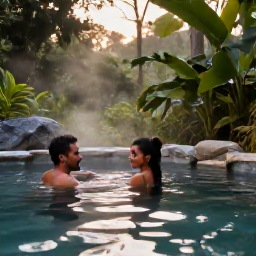 Caribbean Holidays, Dominica Luxury Holidays, A couple relaxing in a natural hot spring surrounded by Dominica rainforest, with soft evening light and a tranquil atmosphere