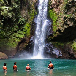 Caribbean Holidays, Dominica Luxury Holidays, A private guided walk beside a waterfall in Dominica's tropical rainforest, with visitors swimming in a clear pool
