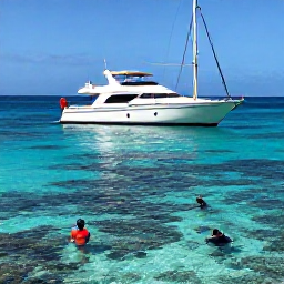 Caribbean Holidays, Dominica Luxury Holidays, A private yacht anchored in calm turquoise water off Dominica, with snorkellers exploring a healthy coral reef