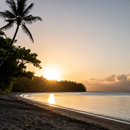 Caribbean Holidays, Dominica Luxury Holidays, A quiet black-sand beach on Dominica at sunset, framed by tropical vegetation and calm Caribbean water