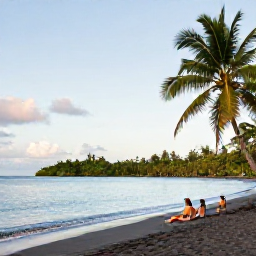 Caribbean Holidays, Dominica Luxury Holidays, A quiet black-sand beach on Dominica with calm Caribbean water, palm trees and a couple relaxing near the shoreline