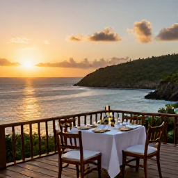 Caribbean Holidays, Dominica Luxury Holidays, A sunset dinner on a private terrace overlooking the Caribbean Sea and Dominica's rugged coastline