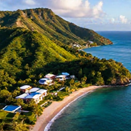 Caribbean Holidays, Dominica Luxury Holidays, Aerial view of Dominica's lush green coastline, turquoise Caribbean Sea and a stylish luxury resort in warm June sunshine