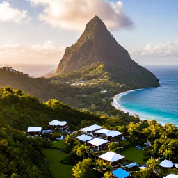 Caribbean Holidays, Dominica Luxury Holidays, Aerial view of Dominica's lush volcanic coastline, turquoise Caribbean sea and elegant luxury resort in warm November sunshine