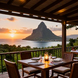 Caribbean Holidays, Dominica Luxury Holidays, An elegant open-air dining terrace at sunset overlooking the Caribbean Sea and green mountain landscape in Dominica