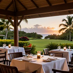 Caribbean Holidays, Dominica Luxury Holidays, An elegant open-air restaurant at a luxury Dominica resort, serving fresh Caribbean cuisine beside tropical gardens at sunset