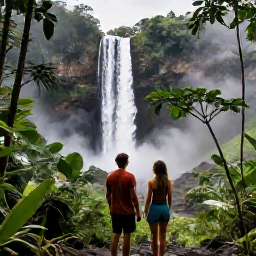Caribbean Holidays, Dominica Luxury Holidays, Couple hiking through Dominica rainforest towards a steaming volcanic valley, with waterfalls and dense tropical vegetation in June