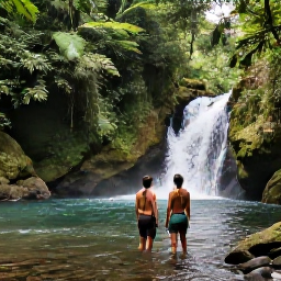 Caribbean Holidays, Dominica Luxury Holidays, Couple hiking through verdant Dominica rainforest beside a clear river and small waterfall