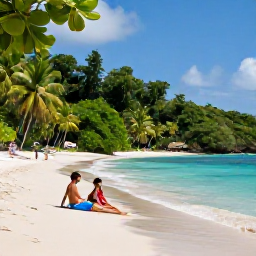 Caribbean Holidays, Dominica Luxury Holidays, Couple relaxing on a secluded Dominica beach in November, surrounded by tropical greenery and calm Caribbean water