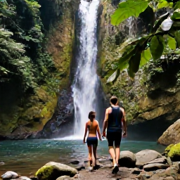 Caribbean Holidays, Dominica Luxury Holidays, Couple walking through Dominica rainforest beside a clear river and waterfall, surrounded by dense green vegetation