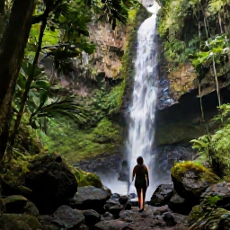 Caribbean Holidays, Dominica Luxury Holidays, Couple walking through Dominica rainforest towards a waterfall, with rich green foliage, volcanic rocks and soft daylight
