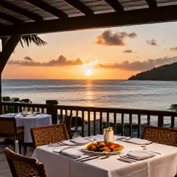 Caribbean Holidays, Dominica Luxury Holidays, Elegant beachfront dining terrace in Dominica at sunset, with Caribbean sea views and fresh local food