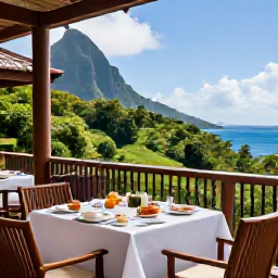 Caribbean Holidays, Dominica Luxury Holidays, Elegant boutique hotel terrace in Dominica overlooking rainforest and the Caribbean Sea, with breakfast and comfortable outdoor seating