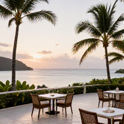 Caribbean Holidays, Dominica Luxury Holidays, Elegant Dominica hotel terrace overlooking a tropical bay, with outdoor dining, palm trees and soft morning light