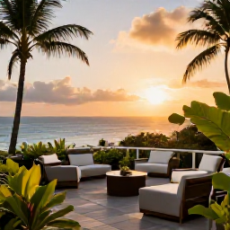 Caribbean Holidays, Dominica Luxury Holidays, Elegant Dominica hotel terrace overlooking the Caribbean Sea at sunset, tropical garden and comfortable outdoor seating