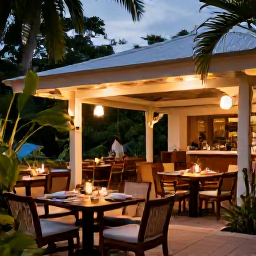 Caribbean Holidays, Dominica Luxury Holidays, Elegant open-air restaurant in Dominica serving Caribbean cuisine, with tropical plants and warm evening lighting