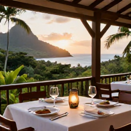 Caribbean Holidays, Dominica Luxury Holidays, Elegant outdoor restaurant in Dominica serving fresh Caribbean cuisine at sunset, with rainforest and sea views