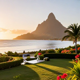Caribbean Holidays, Dominica Luxury Holidays, Luxury beachfront resort in Dominica at sunrise, with calm Caribbean water, tropical gardens and elegant private accommodation