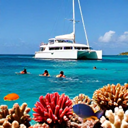 Caribbean Holidays, Dominica Luxury Holidays, Luxury catamaran anchored beside Dominica's calm Caribbean coastline, with snorkellers viewing colourful fish and coral in clear water