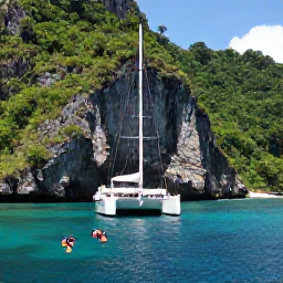 Caribbean Holidays, Dominica Luxury Holidays, Luxury catamaran sailing along Dominica's rugged coastline, with snorkellers in clear turquoise water and rainforest-covered cliffs behind