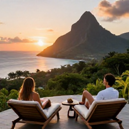 Caribbean Holidays, Dominica Luxury Holidays, Luxury couple relaxing on a private terrace overlooking Dominica's rainforest and Caribbean coastline at sunset