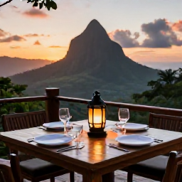Caribbean Holidays, Dominica Luxury Holidays, Outdoor restaurant in Dominica serving fresh Caribbean cuisine at sunset, with mountain views and warm lantern light